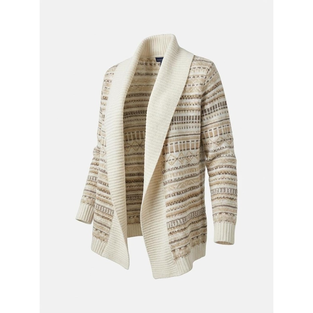 Karen Scott Petites Open Front Shawl Collar Fair Isle Cardigan Cream Tan Small S